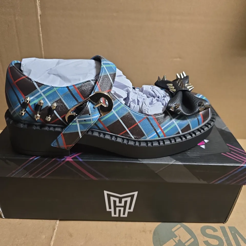 BOXED PAIR OF MONSTER X KO PLAID PLATFORM LOAFERS WITH SPIKED BOW – UK SIZE 4 