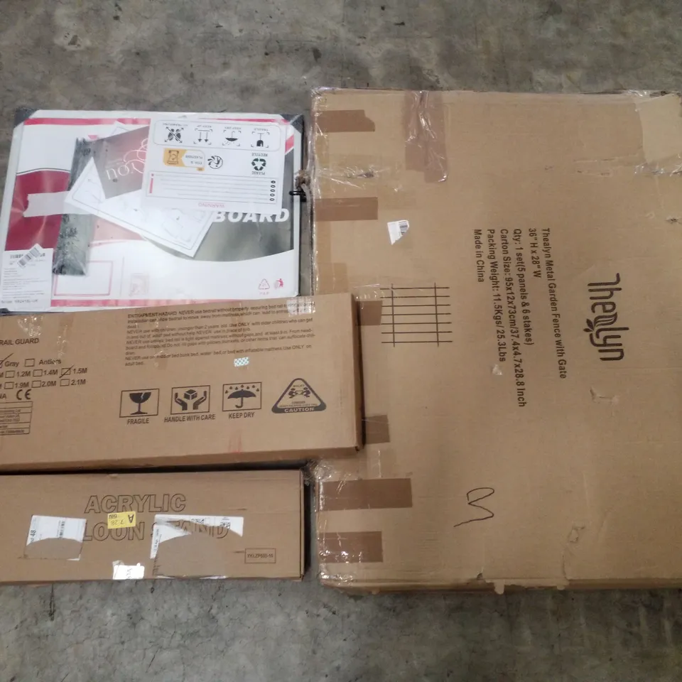 PALLET CONTAINING ASSORTED PRODUCTS INCLUDING METAL GARDEN FENCE, WHITEBOARD, BED RAIL GUARD & ACRYLIC BLOON STAND