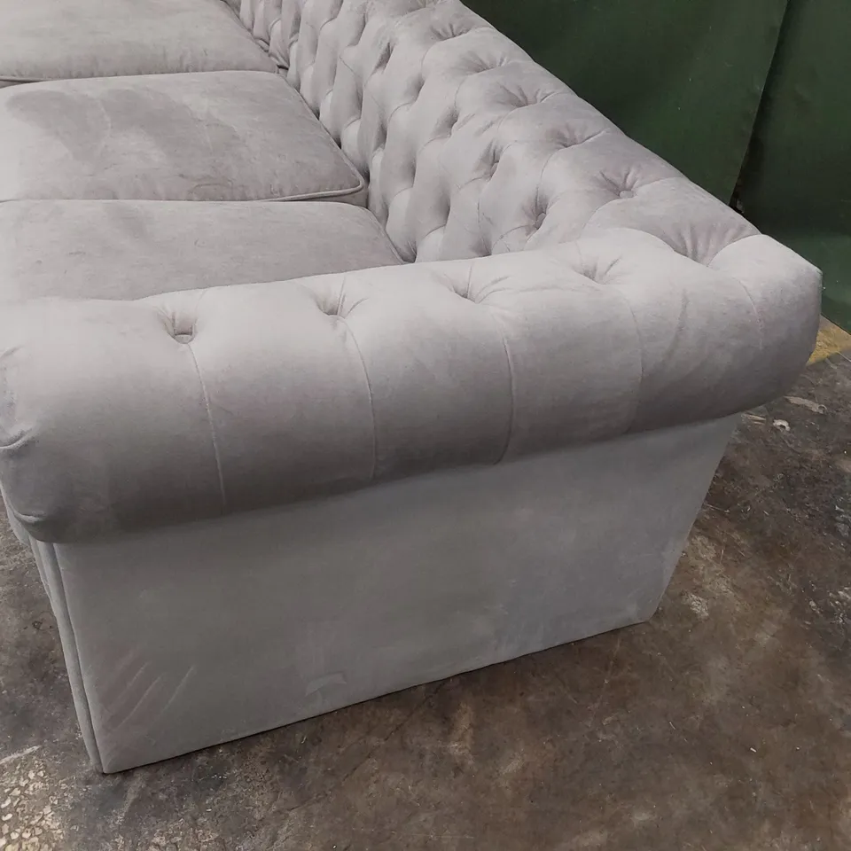 DESIGNER THREE SEATER CHESTERFIELD SOFA GREY PLUSH FABRIC 