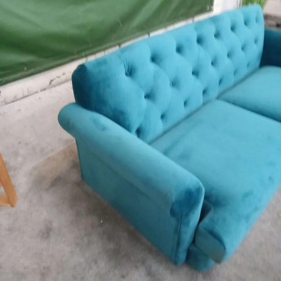 DESIGNER TEAL VELVET EFFECT FABRIC BUTTON BACK THREE SEATER SOFA