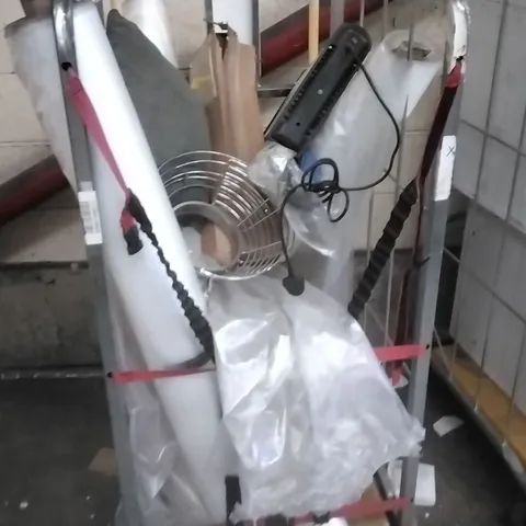 CAGE OF ASSORTED FURNITURE PARTS INCLUDING SPACE HEATER, ROLL OF PLASTIC COVERING, GREY FABRIC CUSHION, AREA RUG