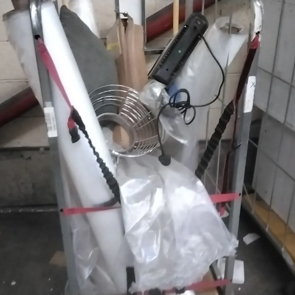 CAGE OF ASSORTED FURNITURE PARTS INCLUDING SPACE HEATER, ROLL OF PLASTIC COVERING, GREY FABRIC CUSHION, AREA RUG
