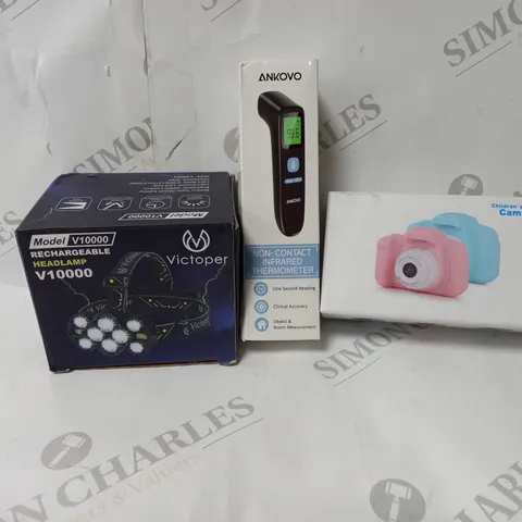 APPROXIMATELY 20 ASSORTED ITEMS TO INCLUDE RECHARGEABLE HEAD LAMP, NON-CONTACT INFRARED THERMOMETER, CHILDREN'S DIGITAL CAMERA ETC.