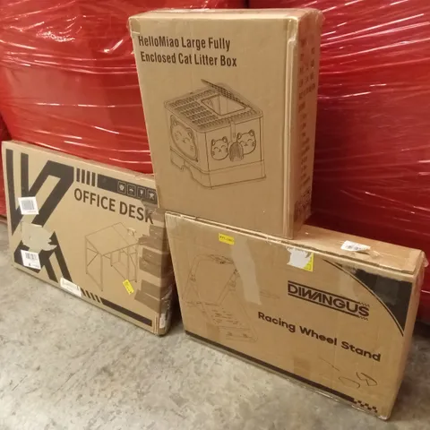 PALLET OF ASSORTED HOUSEHOLD GOODS AND PRODUCTS TO INCLUDE; OFFICE DESK, CAT LITTER BOX, RACING WHEEL STAND ETC