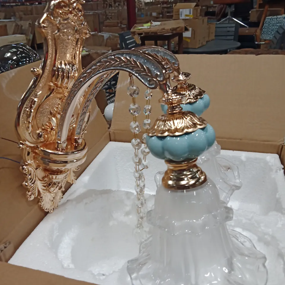 BOXED ORNATE GOLD-TONE CHANDELIER WITH TEAL GLASS SHADES