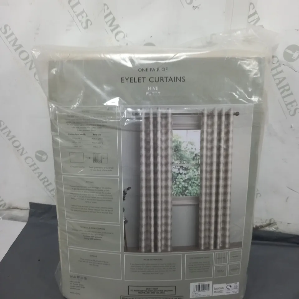 JOHN LEWIS ONE PAIR OF EYELET CURTAINS HIVE PUTTY 167CM BY 137CM 