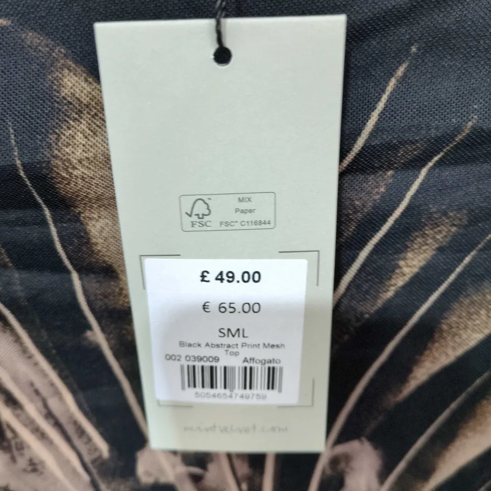 BLACK ABSTRACT PRINT MESH TOP – SIZE SML BRAND MINT VELVET