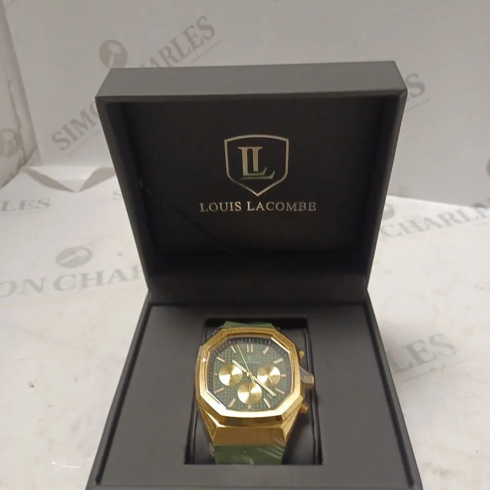 MENS LOUIS LACOMBE CHRONGRAPH WATCH – 3 SUB DIALS – GOLD COLOUR CASE – GREEN RUBBER STRAP