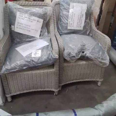 2 RATTAN GARDEN FURNITURE CHAIRS WITH CUSHIONS 