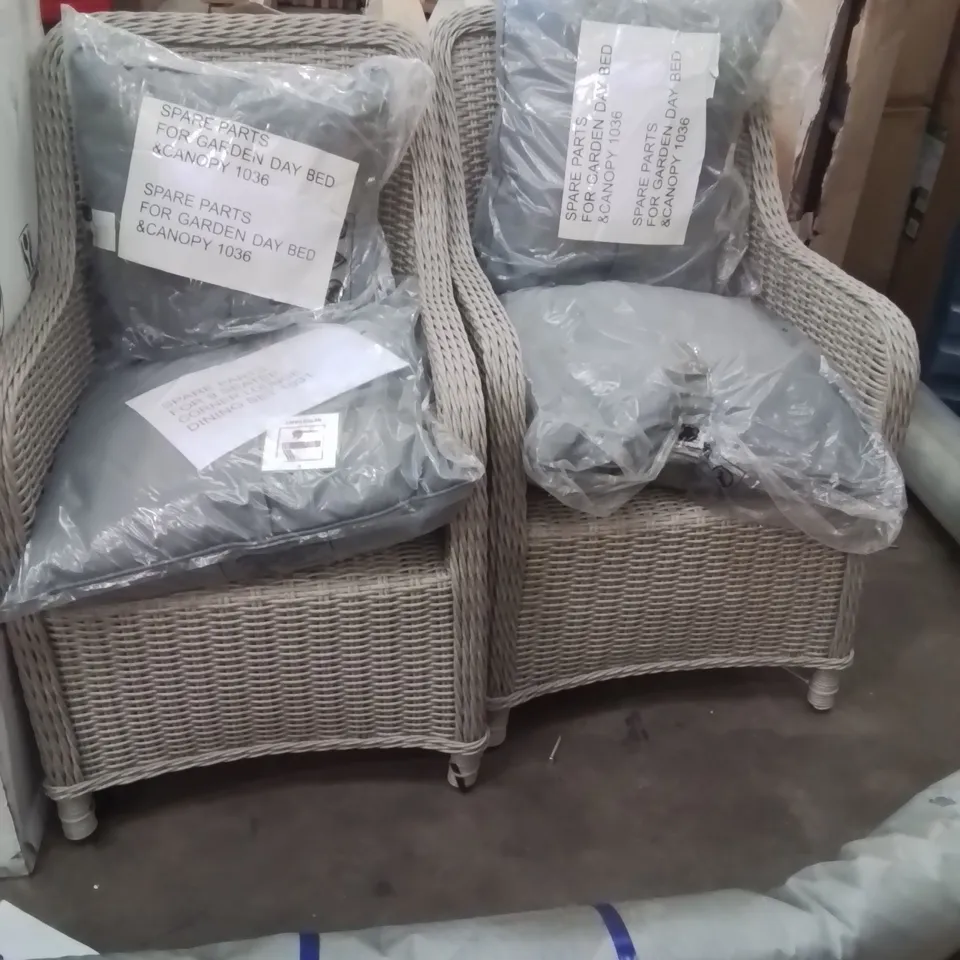 2 RATTAN GARDEN FURNITURE CHAIRS WITH CUSHIONS 