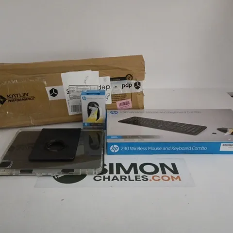 BOX OF APPROXIMATELY 15 ASSORTED ITEMS TO INCLUDE HP 230 WIRELESS MOUSE AND KEYBOARD COMBO, HP BLUETOOTH MOUSE, KATUN TONER ETC