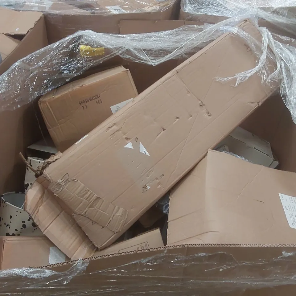 PALLET CONTAINING A VERY LARGE QUANTITY OF ASSORTED DESIGNER LIGHTING PRODUCTS INCLUDING: CLEMENTINE FLOOR LAMP, GRACIE FLOOR LAMP, HURRICANE PENDANT LIGHT ECT