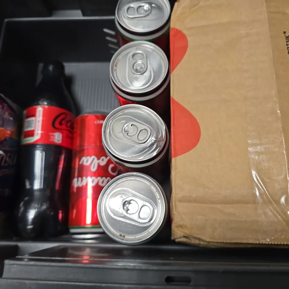 APPROXIMATELY 12 ASSORTED FOOD & DRINK ITEMS TO INCLUDE - SALAAM COLA , COCO COLA NO SUGAR , QUEEN PITTED OLIVES ETC