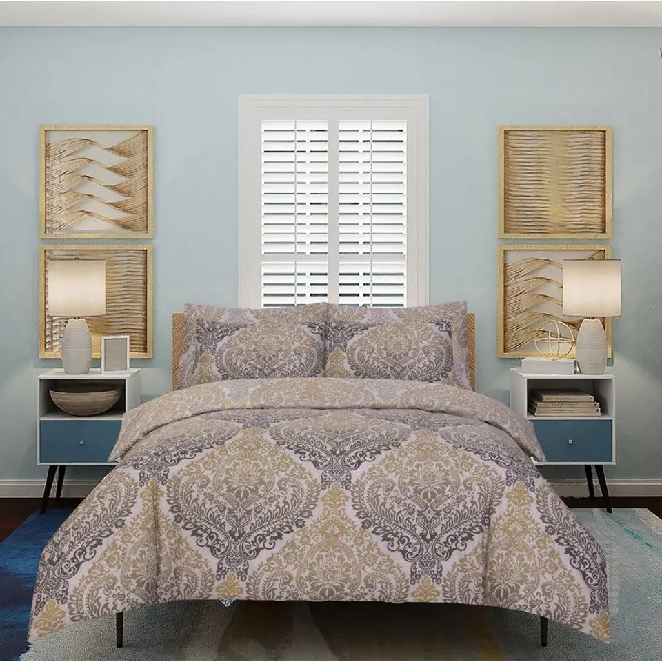 DAMASK OCHRE COTTON RICH DUVET COVER- KING+ 2 PILLOW CASES- DUVET 90 X 86 PILLOW CASES 19 X 29