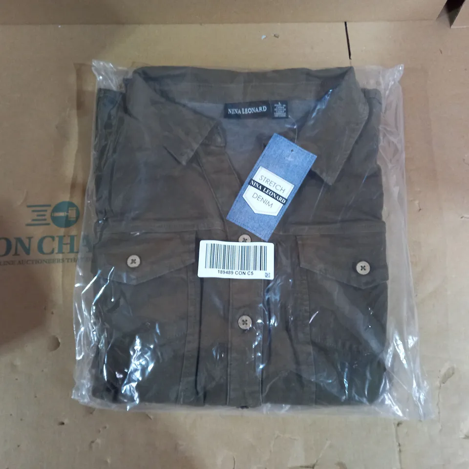 BRAND NEW ELBOW SLEEVE BUTTON UP STRETCH DENIM DRESS BY NINA LEONARD DARK OLIVE LARGE