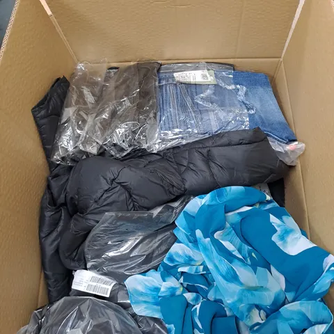 BOX OF ASSORTED CLOTHING ITEMS TOO INCLUDE JUMPERS, SHIRTS AND TROUSERS IN VARIOUS SIZES AND COLOURS   