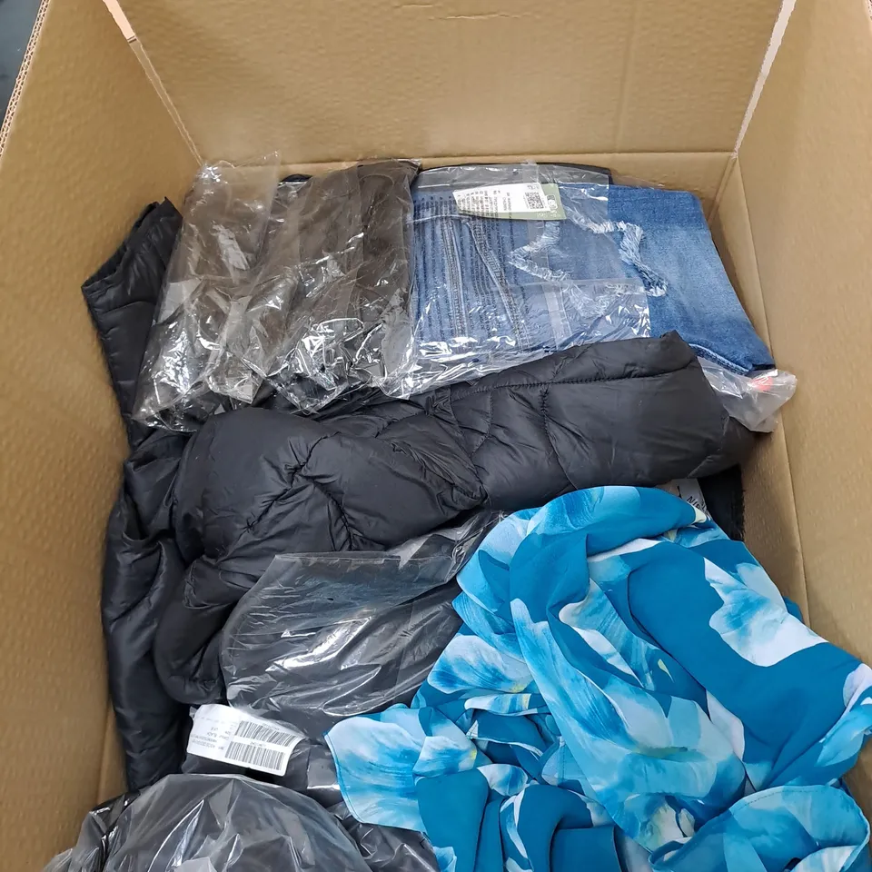 BOX OF ASSORTED CLOTHING ITEMS TOO INCLUDE JUMPERS, SHIRTS AND TROUSERS IN VARIOUS SIZES AND COLOURS   