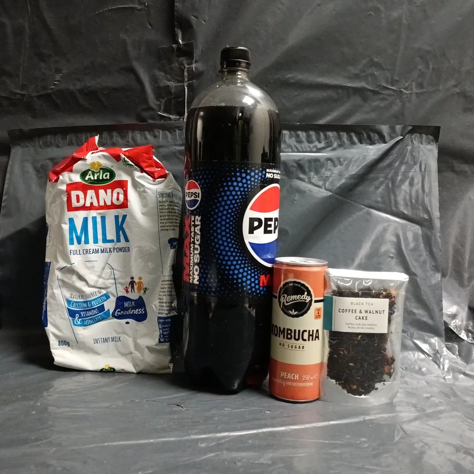 APPROXIMATELY 10 ASSORTED FOOD AND DRINK ITEMS TO INCLUDE PEPSI, KOMBUCHA, ETC