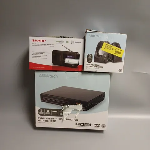 APPROXIMATELY 20 ASSORTED TECH PRODUCTS TO INCLUDE SHARP PORTABLE DIGITAL RADIO, STEREO SPEAKERS, DVD PLAYER