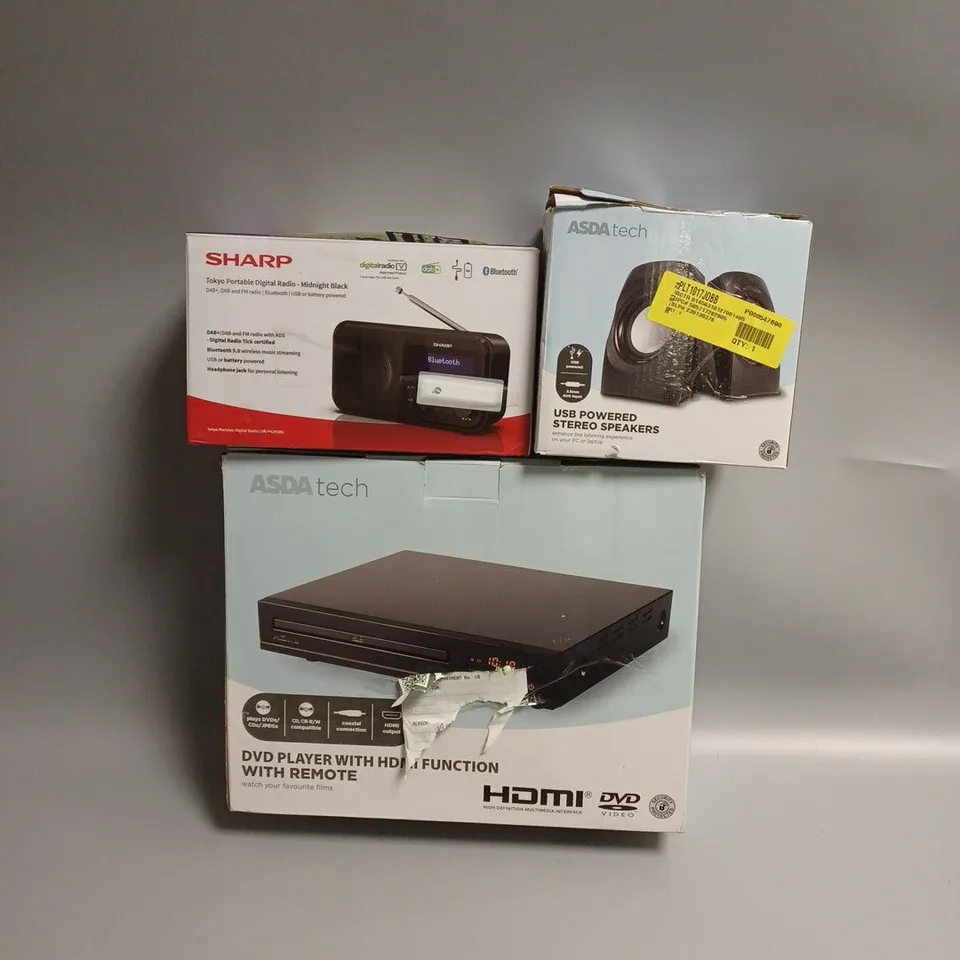 APPROXIMATELY 20 ASSORTED TECH PRODUCTS TO INCLUDE SHARP PORTABLE DIGITAL RADIO, STEREO SPEAKERS, DVD PLAYER 