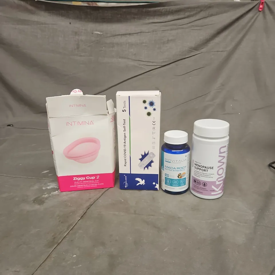 TOTE OF APPROXIMATELY 20 ASSORTED HEALTHCARE PRODUCTS TO INCLUDE ZIGGY CUP 2 - COVID SELF TESTS AND MENOPAUSE SUPPORT SUPPLEMENTS