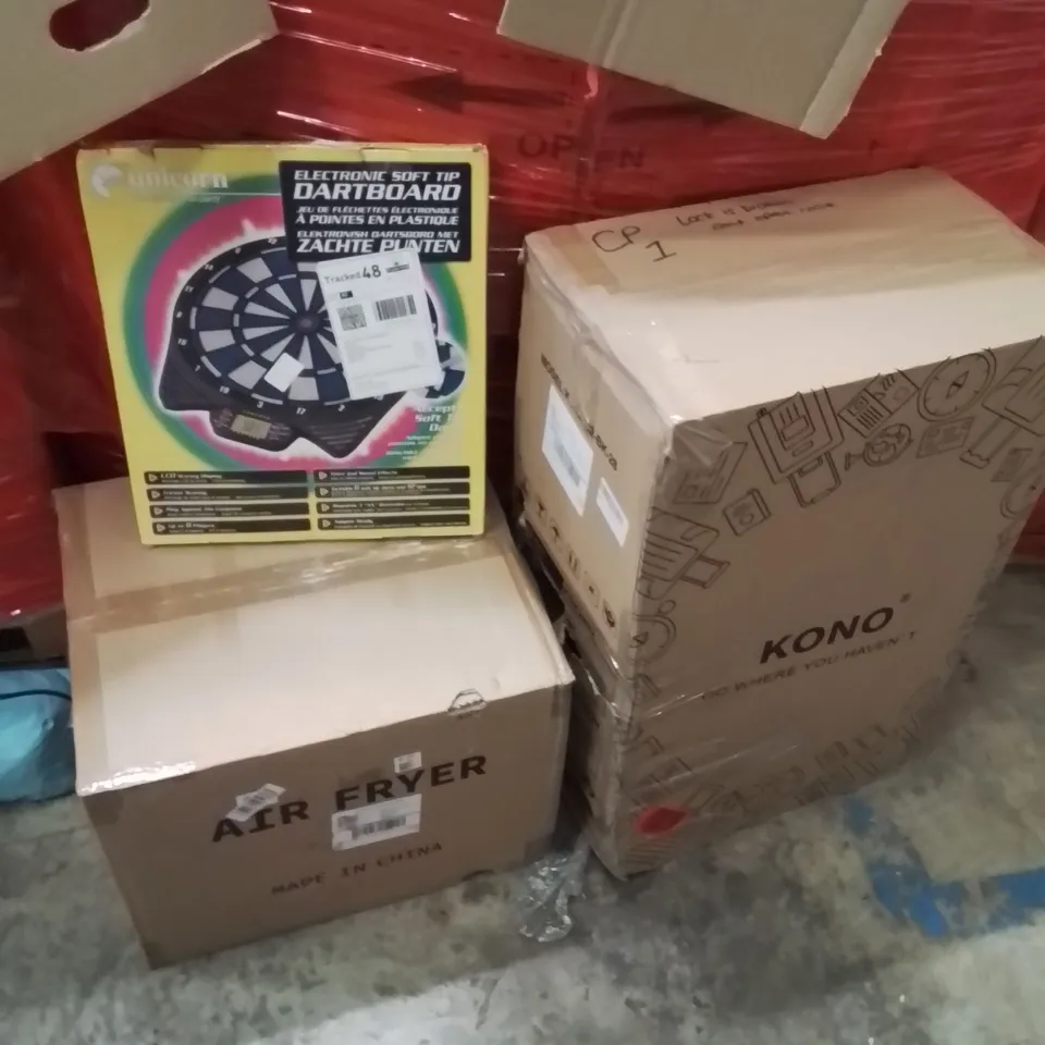 PALLET OF ASSORTED HOUSEHOLD GOODS AND PRODUCTS TO INCLUDE;AIR FRYER,SUITCASE,DARTBOARD 