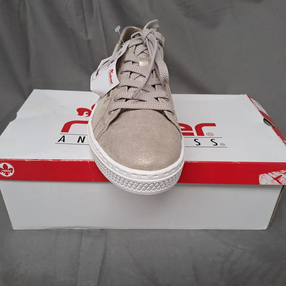 BOXED PAIR OF RIEKER SHOES IN METALLIC GOLD SIZE 6