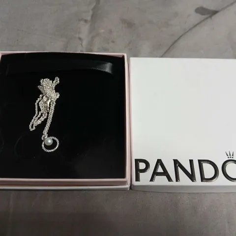 PANDORA SILVER NECKLACE WITH PEARL DROP PENDANT β BOXED
