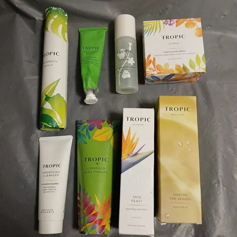 TROPIC SKINCARE LOT OF 8 ASSORTED SKINCARE PRODUCTS TO INCLUDE - SOOTHE THE SENSES LUXURY BODY OIL - JUICY GREENS EXFOLIATING TONING ESSENCE - SKIN FEAST NOURISHING MOISTURISER - ETC