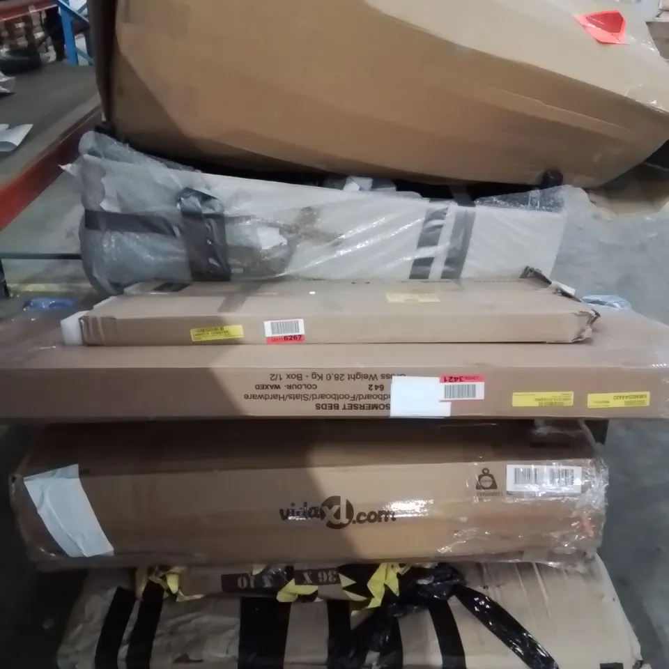 PALLET CONTAINING VARIOUS INCOMPLETE BOXED FURNITURE PARTS AND OTHER HOUSEHOLD ITEMS ETC.