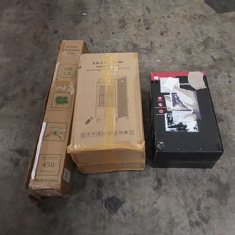 PALLET OF ASSORTED HOUSEHOLD ITEMS AND CONSUMER PRODUCTS. INCLUDING; CHRISTMAS TREE, PLAYPEN, AIR COOLER, DEHUMIDIFIER, BOXED FURNITURE ETC