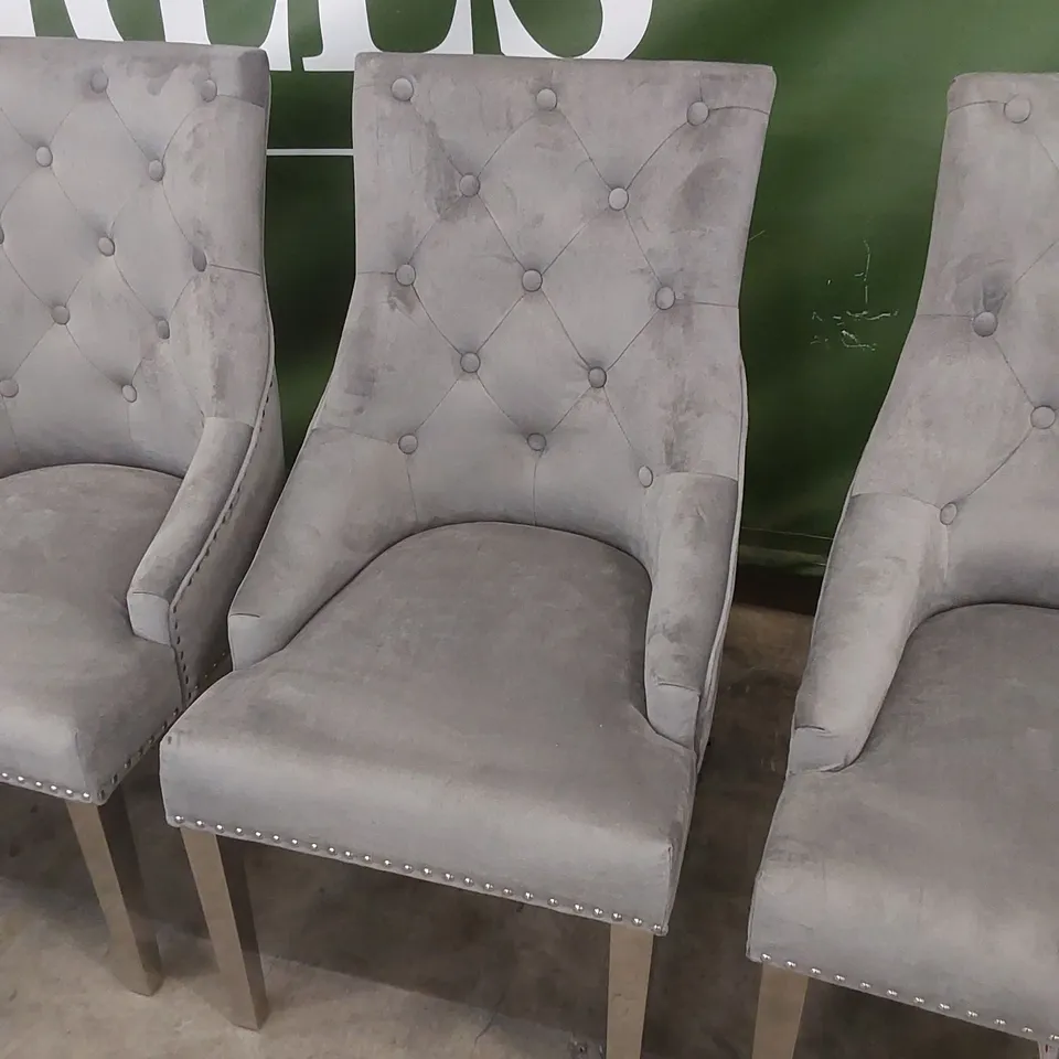 SET OF 6 IMPERIAL GREY VELVET BUTTON BACK DINING CHAIRS WITH CHROME LEGS 