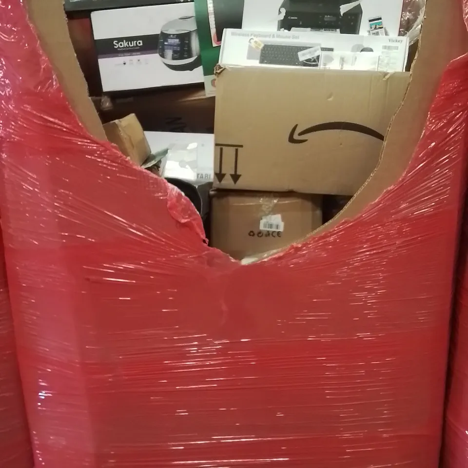 PALLET CONTAINING VARIOUS ASSORTED BOXED HOUSEHOLD ITEMS TO INCLUDE: GAMING MOUSE MATS, RICE COOKER, KEYBOARD AND MOUSE SET, CANON PRINTER AND LOTS MORE UNMARKED BOXED ITEMS 
