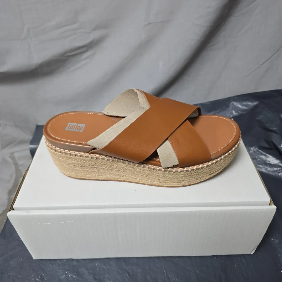 FITFLOP CROSS-STRAP SANDALS – BROWN LEATHER, WEDGE ESPADRILLE SOLE SIZE 7