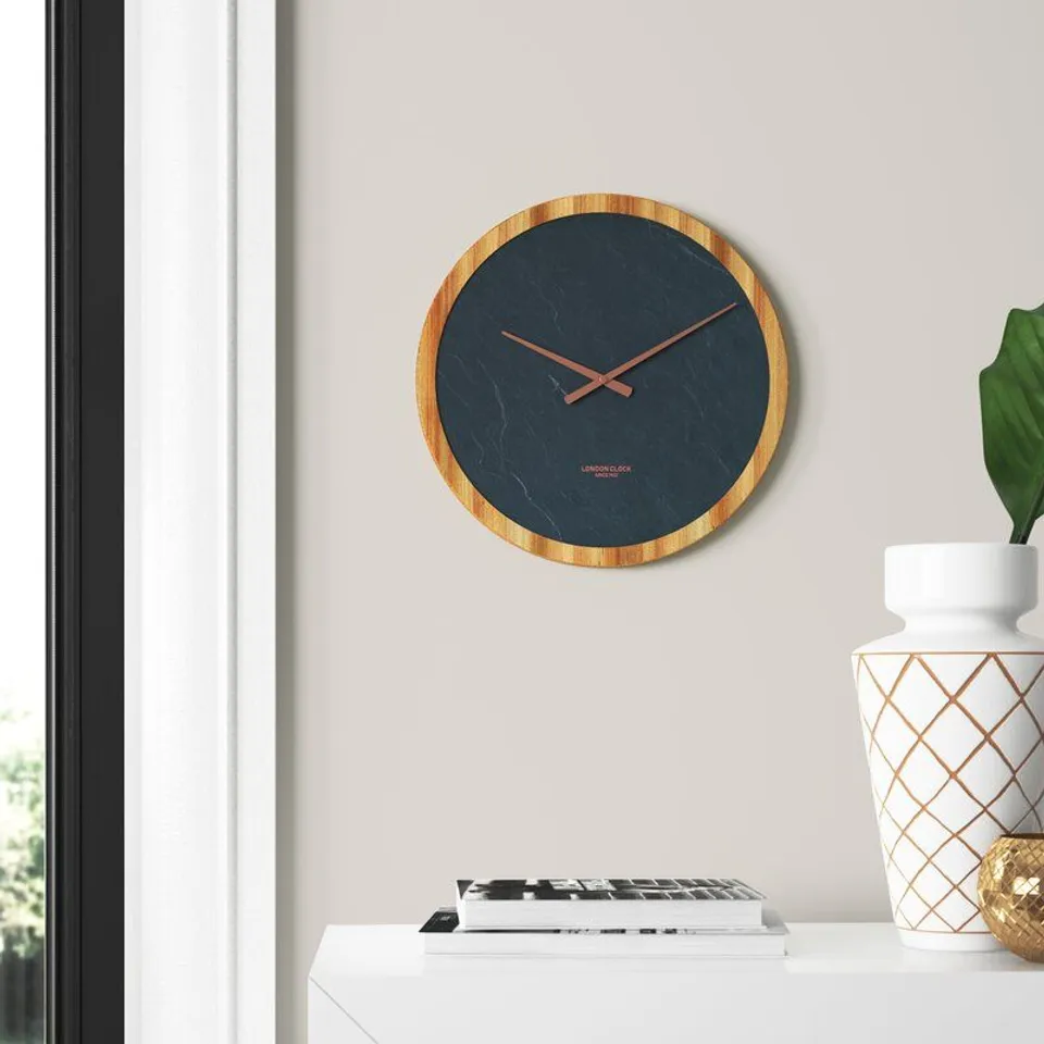 BOXED 35CM CARBON ROUND AND SOLID WOOD LARGE WALL CLOCK