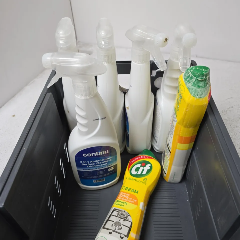 APPROXIMATELY 8 ASSORTED HOUSEHOLD LIQUIDS INCLUDING CIF CLEANBOOST AND CONTINU DISINFECTANT