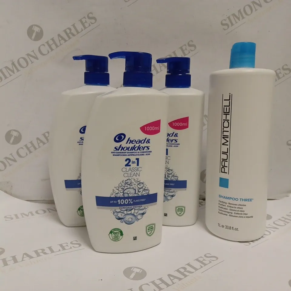 4 HAIR CARE PRODUCTS TO INCLUDE HEAD AND SHOULDERS 2 IN 1 ANTI-DANDRUFF SHAMPOO 1000ML, PAUL MITCHELL SHAMPOO THREE 1 LITRE
