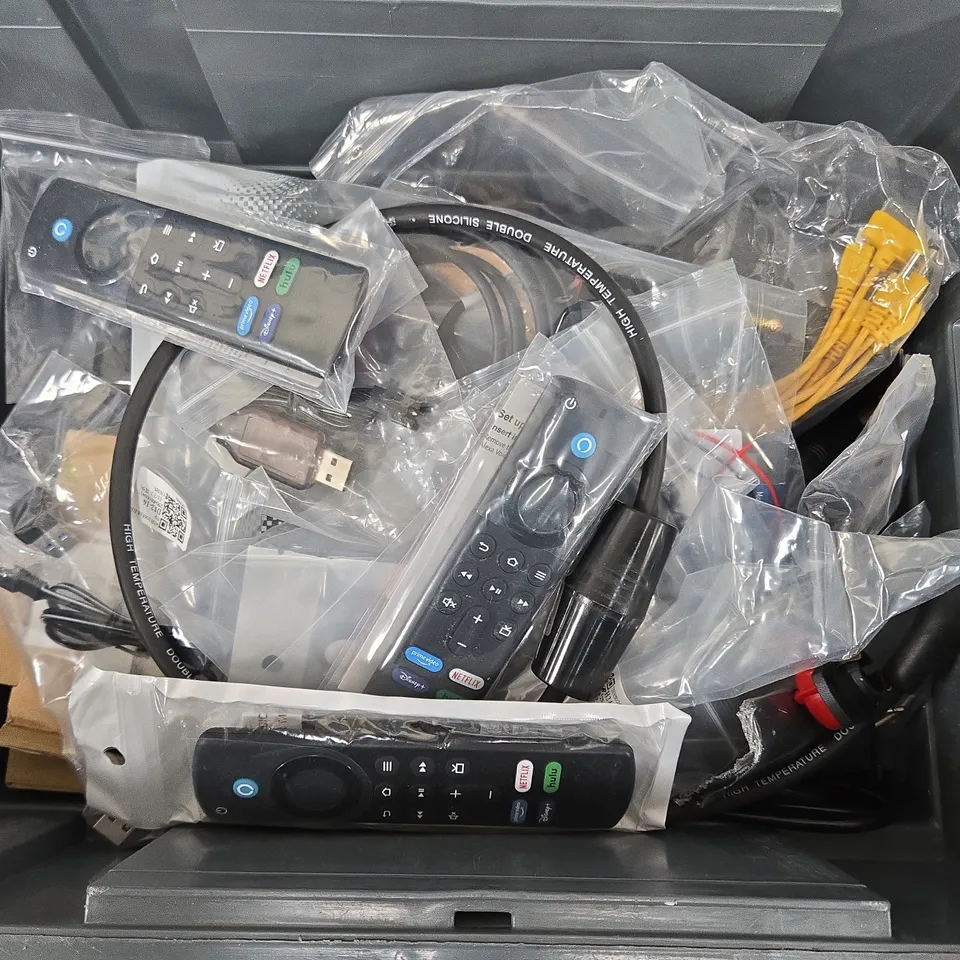 APPROXIMATELY 12 ASSORTED HOUSEHOLD ITEMS TO INCLUDE REMOTES, BREAKOUT CABLE, TV BOX PRO, ETC