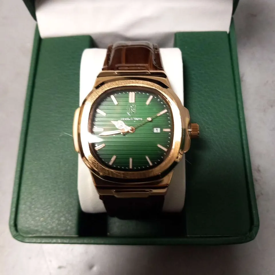 BOXED FRANK SCHMIDT ROSE GOLD FRAMED WRIST WATCH WITH GREEN FACE AND BROWN SNAKE EFFECT STRAP