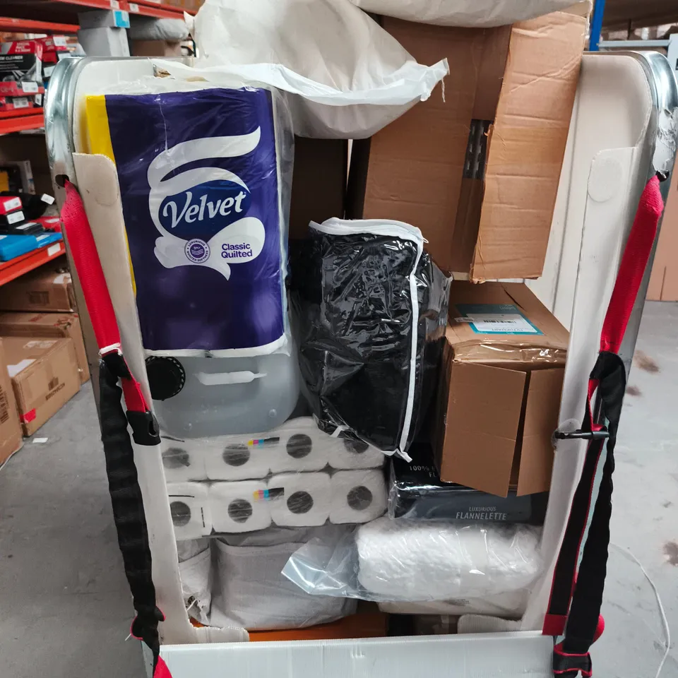 CAGE OF APPROXIMATELY 10 ASSORTED HOUSEHOLD ITEMS TO INCLUDE - BEDDING , TOILET PAPER , FOOD STORAGE CONTAINERS , ETC 