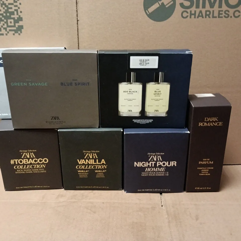 LOT OF 7 ASSORTED ZARA EAU DE PARFUMES TO INCLUDE NIGHT PUR AND VAINILLA & TOBACCO COLLECTIONS