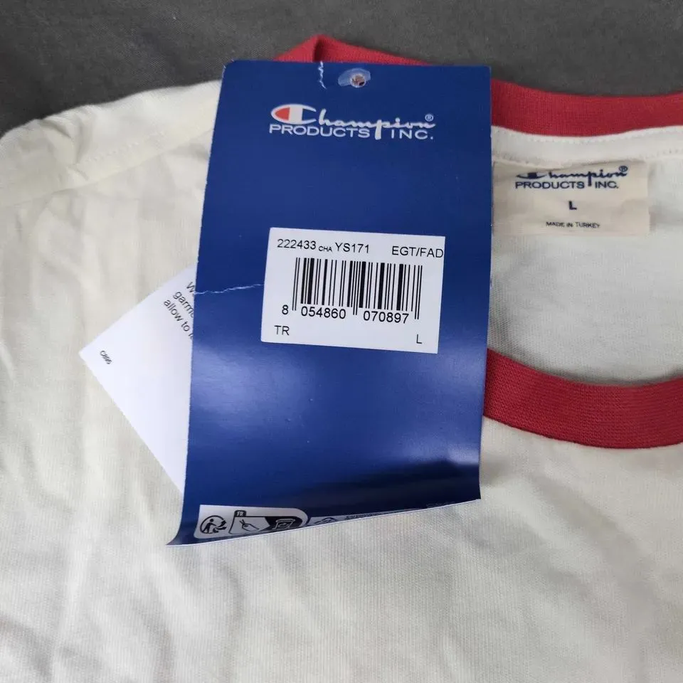 CHAMPION T‑SHIRT – WHITE WITH RED TRIM, UK LARGE