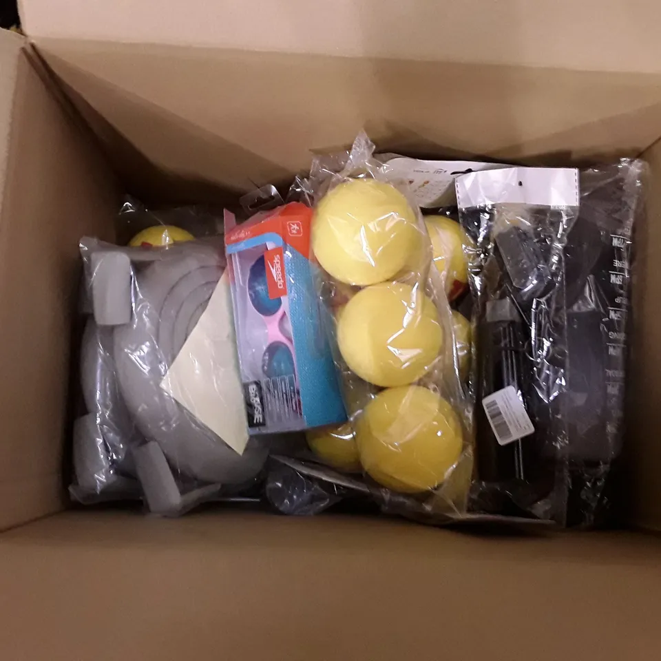 BOX TO CONTAIN AN ASSORTMENT OF SPORTING GOODS, TENNIS BALLS, GOLF TREE'S,WATER BOTTLES ECT