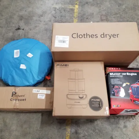 PALLET CONTAINING ASSORTED PRODUCTS INCLUDING CLOTHES DRYER, MOTOR CAR ENGINE KIDS TOY, POP UP TENT, FOOD PROCESSOR & CROQUET