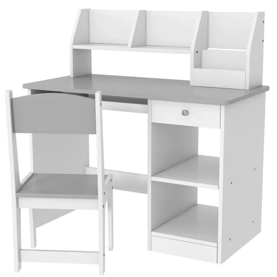 BOXED ZONEKIZ TWO-PIECE KIDS DESK AND CHAIR SET WITH STORAGE, FOR AGES 5-8 YEARS - GREY