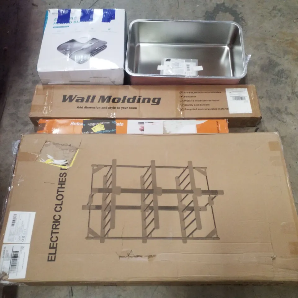 PALLET CONTAINING ASSORTED PRODUCTS INCLUDING ELECTRIC CLOTHES DRYER, CAT LITTER BOX, RETRACTABLE SAFETY GATE, WALL MOLDING & ELECTRIC HEATED BLANKET