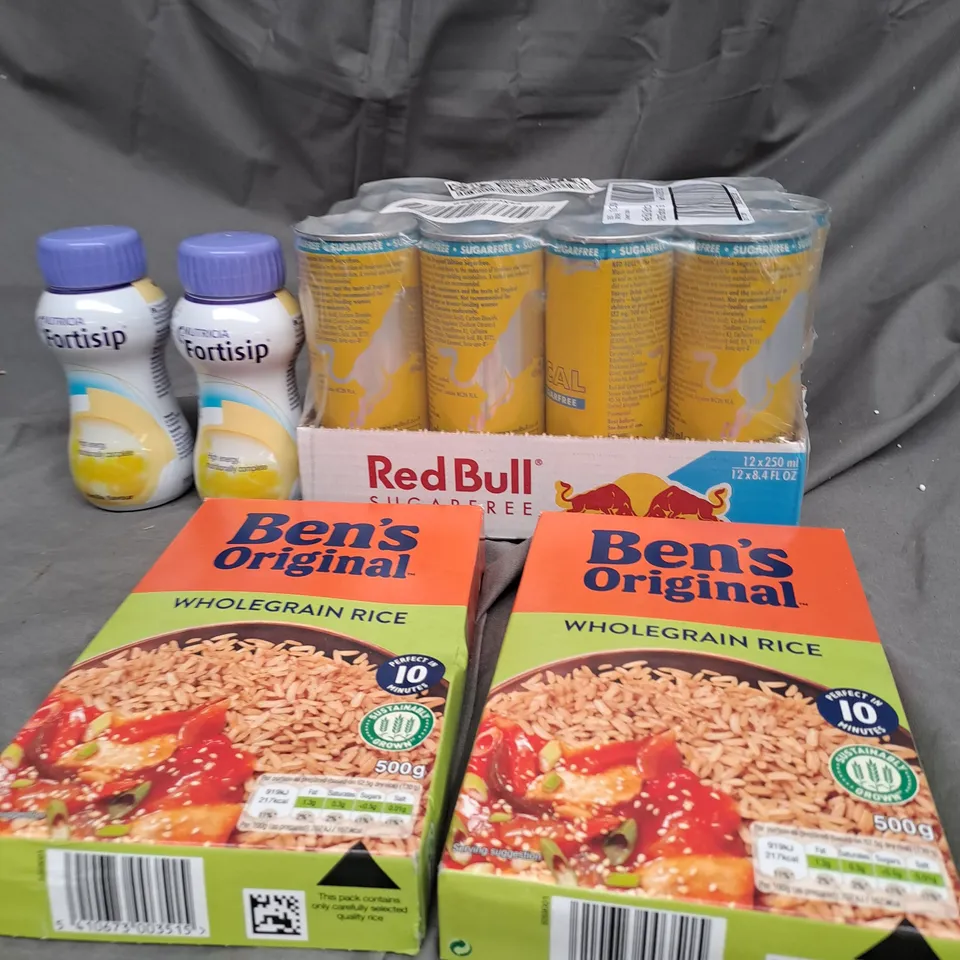 BOX OF APPROXIMATELY 15 ITEMS TO INCLUDE BENS ORIGINAL RICE, FORTSIP, RED BULL PACK ETC
