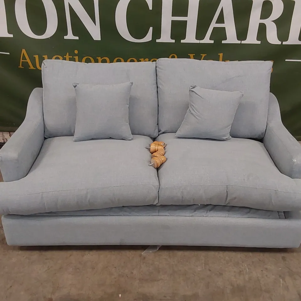 QUALITY DESIGNER 3 SEATER FABRIC UPHOLSTERED SOFA BED - SKY BLUE 