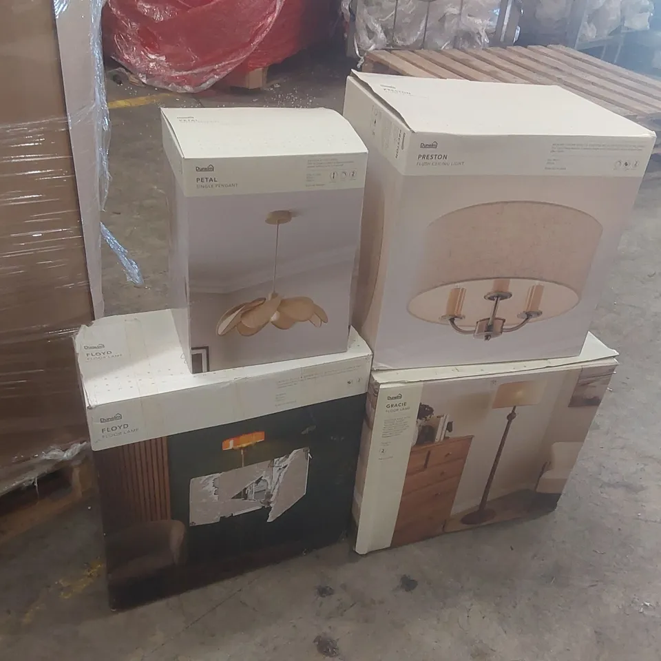 PALLET CONTAINING A VERY LARGE QUANTITY OF ASSORTED DESIGNER LIGHTING PRODUCTS INCLUDING: PETAL PENDANT, FLOYD FLOOR LAMP, GRACIE FLOOR LAMP, PRESTON CEILING LIGHT ECT