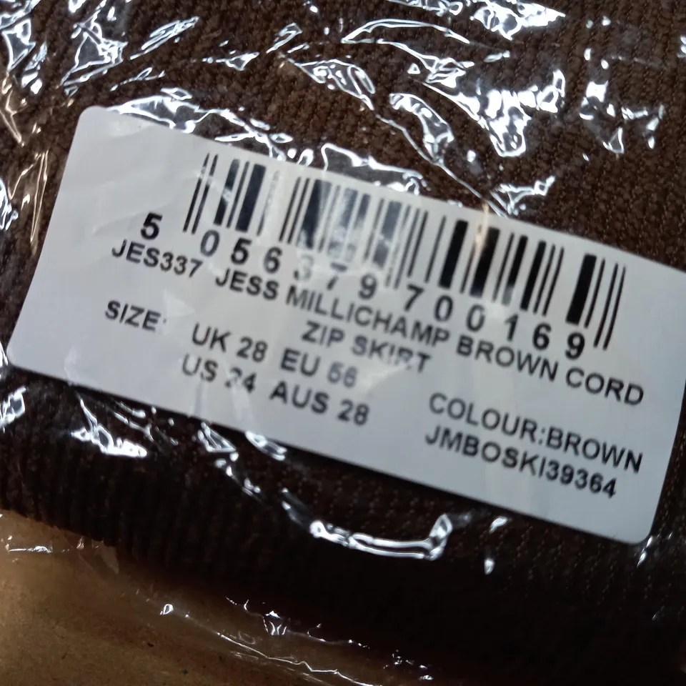 PACKAGED INTHESTYLE BROWN CORD ZIP SKIRT - SIZE 28